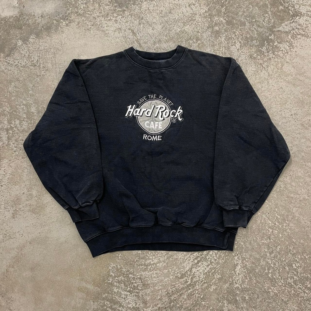 Vintage 90s Hard Rock Cafe Rome Monochrome Faded Black Crewneck Sweatshirt Large